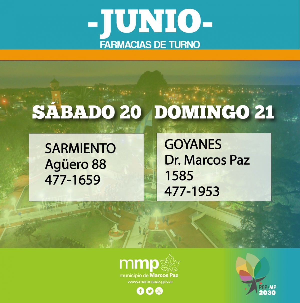 Farmacias de turno: días 20 y 21 de junio.