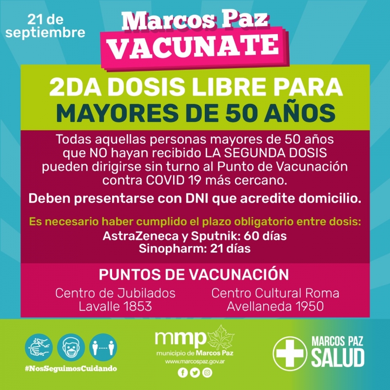 Segunda dosis libre para mayores de 50 años