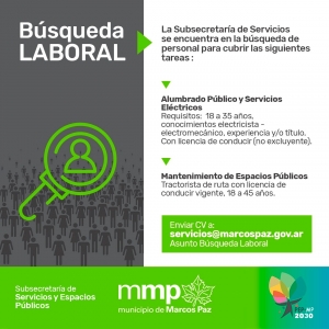 Convocatoria de personal para el área de Servicios y Espacios Públicos