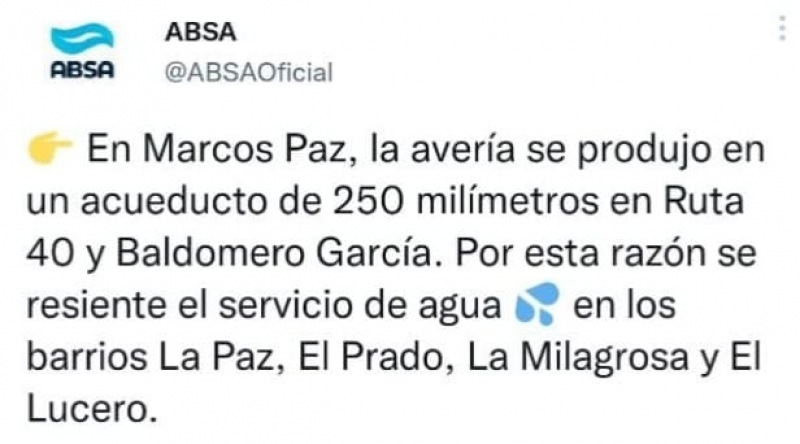 #Atención, la empresa ABSA comunica la rotura de un acueducto en ruta 40 y García.