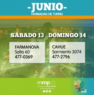 Farmacias de turno sábado 13 y domingo 14 de junio.