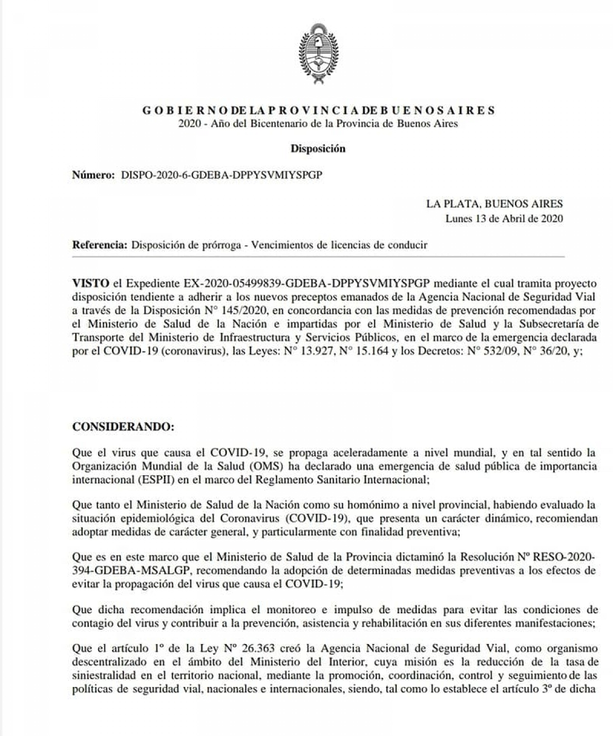 Se prorrogan los vencimientos de las Licencias de Conducir