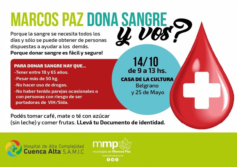 El 14 de octubre MARCOS PAZ DONA SANGRE