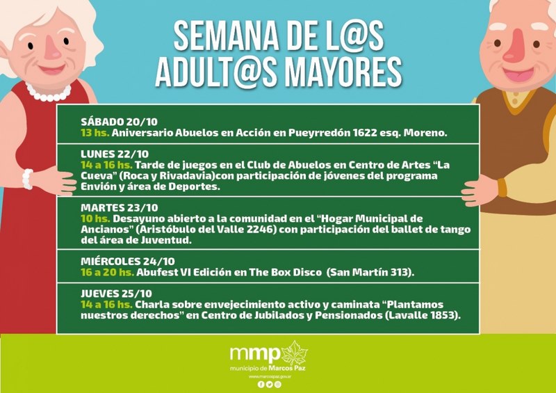 Del 20 al 25 de octubre, Semana de l@s Adult@s Mayores en Marcos Paz